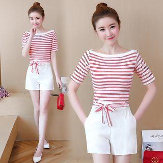 Set: Striped Short-sleeve T-shirt + High Waist Shorts
