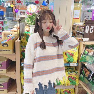 Fray-hem Striped Sweater