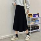 Plain High-waist Pleated Knit Midi Skirt Black - One Size