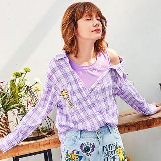 Mock Two-piece Long-sleeve Cutout Plaid Top