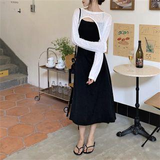 Long-sleeve Shrug / Spaghetti-strap Midi A-line Dress