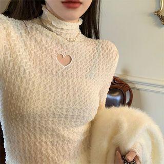 Long-sleeve Turtleneck Cutout Heart Slim-fit Top