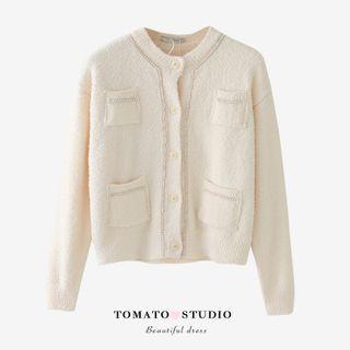 Round-neck Plain Button-up Cardigan Almond - One Size