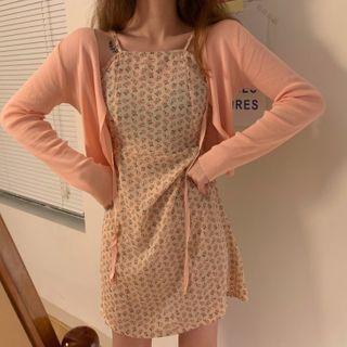 Tie-front Cardigan / Spaghetti Strap Floral Print Mini A-line Dress