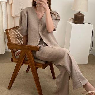 Short-sleeve V-neck Blazer / Wide Leg Dress Pants