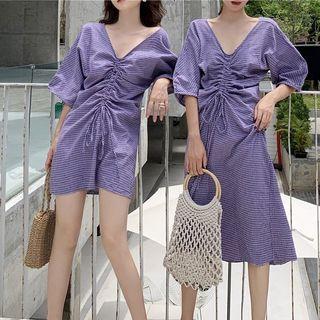 Short-sleeve Drawstring Front Plaid Dress