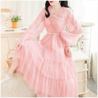 Long-sleeve Lace-panel Beaded Pleated Dress