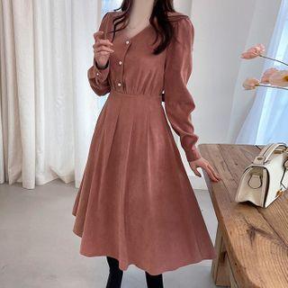 V-neck Pintuck Midi Flare Dress