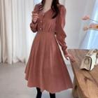 V-neck Pintuck Midi Flare Dress