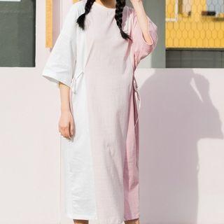 3/4-sleeve Two-tone Midi Dress