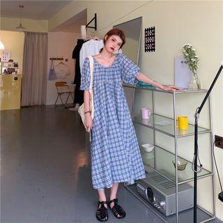 Puff-sleeve Plaid Midi A-line Dress Blue & White - One Size