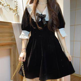 Puff-sleeve Contrast Collar Frill Trim A-line Dress