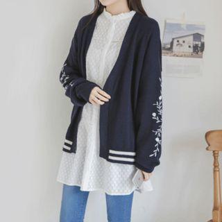 Open-front Flower Embroidered Cardigan
