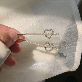 Heart Rhinestone Faux Pearl Hair Pin 1 Pc - White - One Size