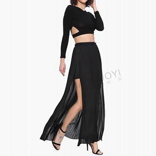 Slit Pleated Chiffon Maxi Skirt