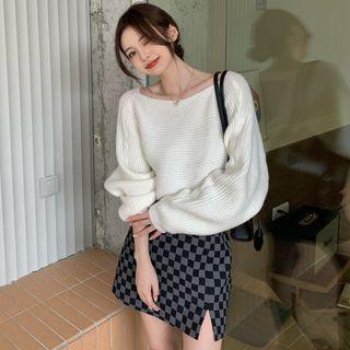 Cutout-back Sweater / Checkerboard Mini A-line Skirt