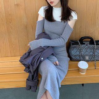 Long-sleeve Cutout Paneled Midi Knit Dress