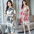 Long-sleeve Print A-line Pleated Collared Dress