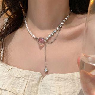 Heart Faux Pearl Alloy Choker Silver - One Size