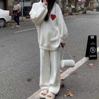 Plain Heart Print Hooded Sweater / Elastic High-waist Plain Knit Pants
