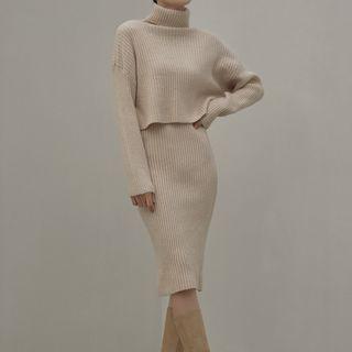 Knit Set: Turtle-neck Crop Top + Sleeveless Dress