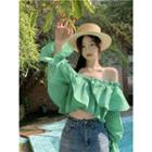Long-sleeve Off-shoulder Check Cropped Top Green - One Size