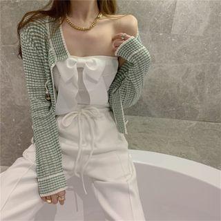Strapless Ribbon Top / Plaid Cardigan / Straight-leg Pants