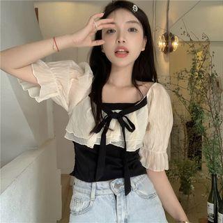 Short-sleeve Two-tone Blouse Black - One Size