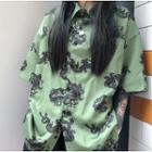 Dragon Print Elbow-sleeve Shirt Green - One Size