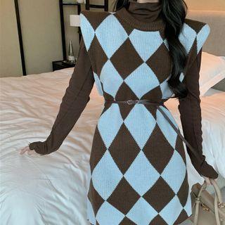 Long-sleeve Top / Sleeveless Two Tone Knit Dress