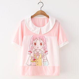 Cartoon Print Collared Short-sleeve T-shirt