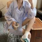 Long-sleeve Cutout Off-shoulder Striped Shirt Stripe - Blue - One Size