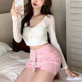 Long-sleeve Twisted Crop Top / Cropped Camisole Top / Skort