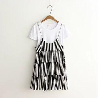 Set: T-shirt + Tiered Striped Dress