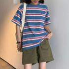 Elbow-sleeve Striped T-shirt / Wide-leg Cargo Shorts
