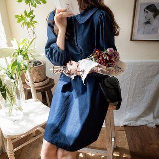 Round-collar Denim Dress Dark Blue - One Size