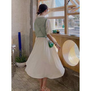Set: Elbow-sleeve Midi A-line Shirtdress + Vest