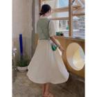 Set: Elbow-sleeve Midi A-line Shirtdress + Vest