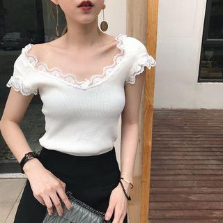 Lace Trim Short-sleeve Knitted Top