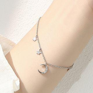 925 Sterling Silver Rhinestone Moon Bracelet 1 Pc - Rhinestone Moon Bracelet - One Size