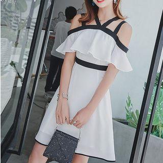 Cold Shoulder Contrast Trim A-line Dress