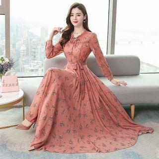 Long-sleeve Floral Print Frill Trim A-line Maxi Dress