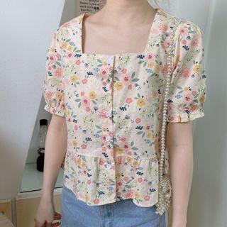 Puff Sleeve Square Neck Floral Print Blouse