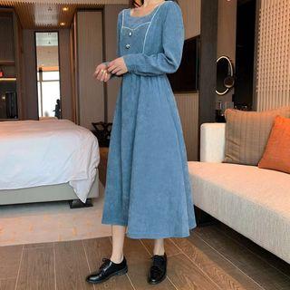 Square-neck Long-sleeve A-line Maxi Corduroy Dress