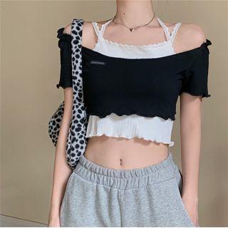 Halter-neck Lace Trim Camisole Top / Wavy Trim Cropped Top