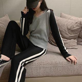 Set: Color Block Pullover + Wide Leg Pants Pullover - Gray - One Size / Pants - Black - One Size