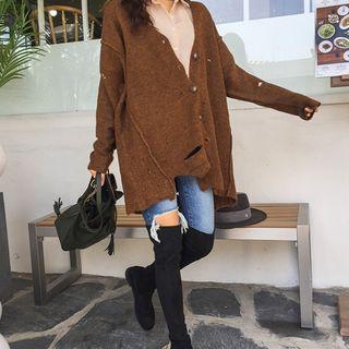 Buttoned Distressed Loose-fit Cardigan