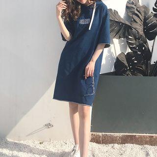 Elbow-sleeve Denim Hoodie Dress