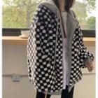 Fluffy Hooded Zip Checkerboard Jacket Check - Black & White - One Size