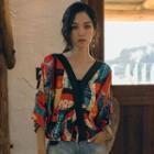 3/4-sleeve Printed Top Multicolor - One Size